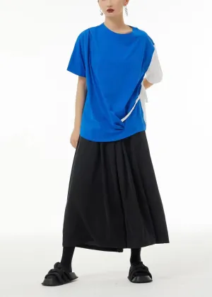 Chic Blue O-Neck Patchwork Wrinkled Cotton Tank Tops Summer TS1062
