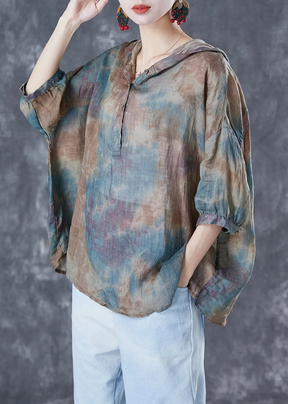 Chic Blue Oversized Tie Dye Linen Shirt Tops Bracelet Sleeve TA1036
