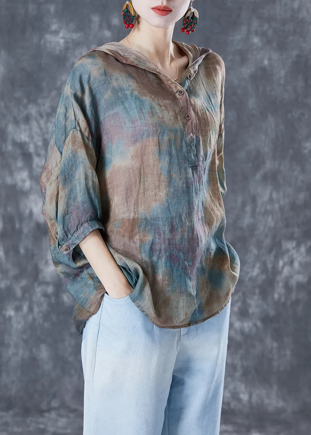 Chic Blue Oversized Tie Dye Linen Shirt Tops Bracelet Sleeve TA1036