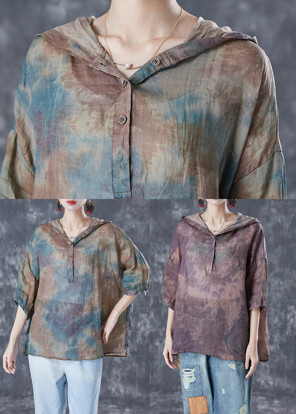 Chic Blue Oversized Tie Dye Linen Shirt Tops Bracelet Sleeve TA1036