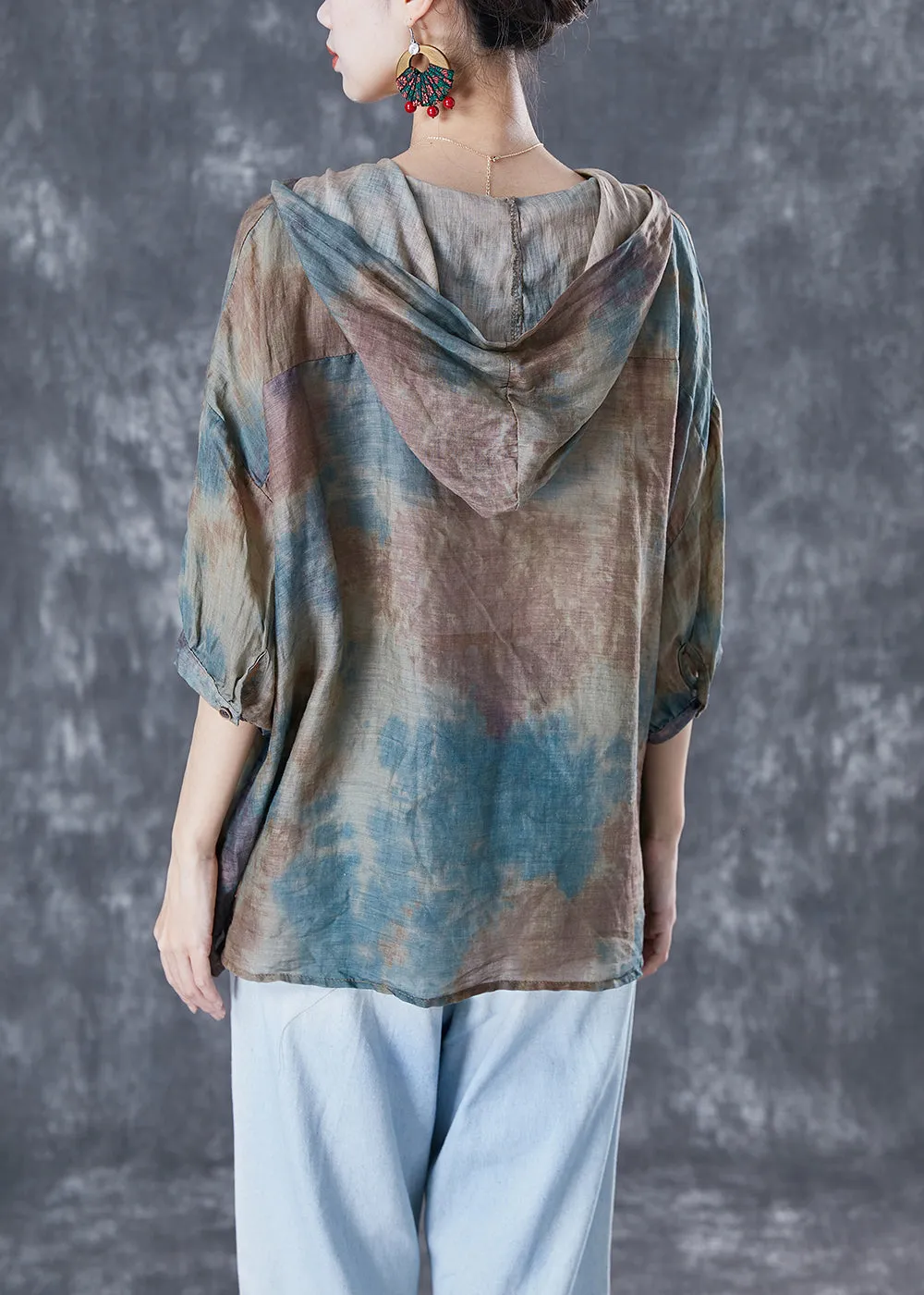 Chic Blue Oversized Tie Dye Linen Shirt Tops Bracelet Sleeve TA1036