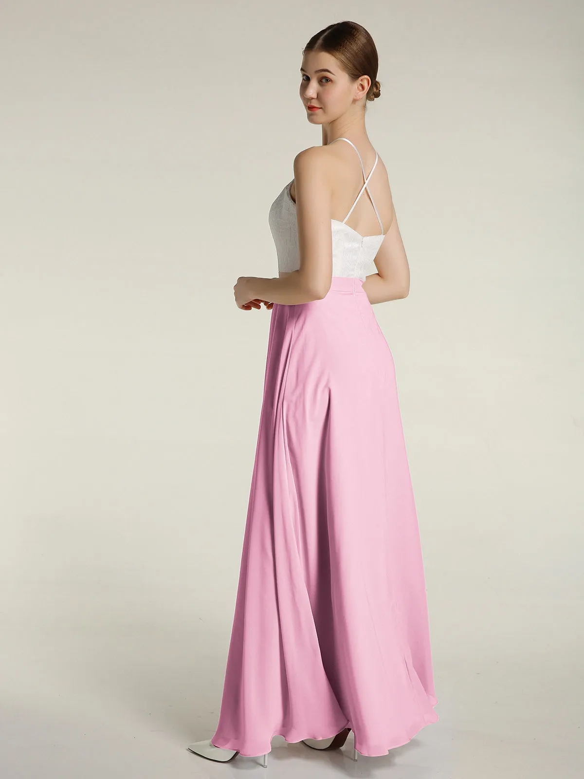 Chiffon Long Dresses with Ivory Lace Bodice-Candy Pink