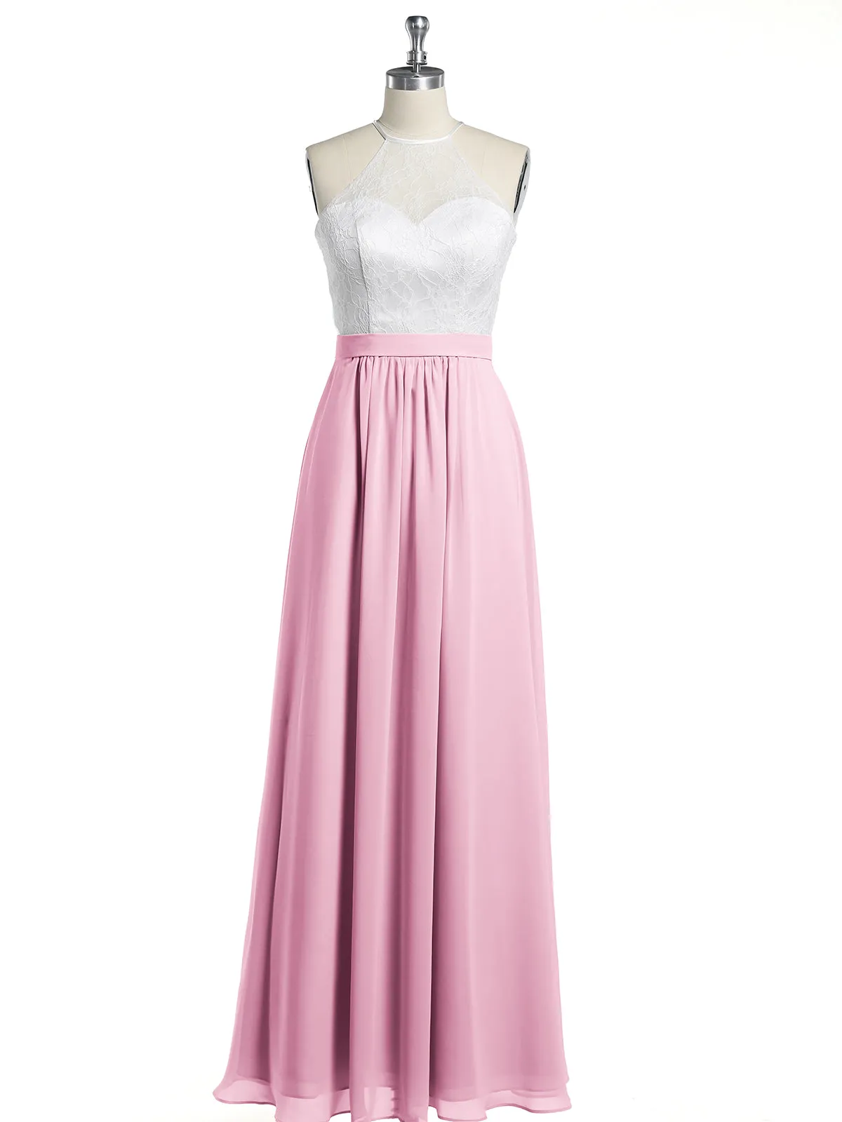 Chiffon Long Dresses with Ivory Lace Bodice-Candy Pink