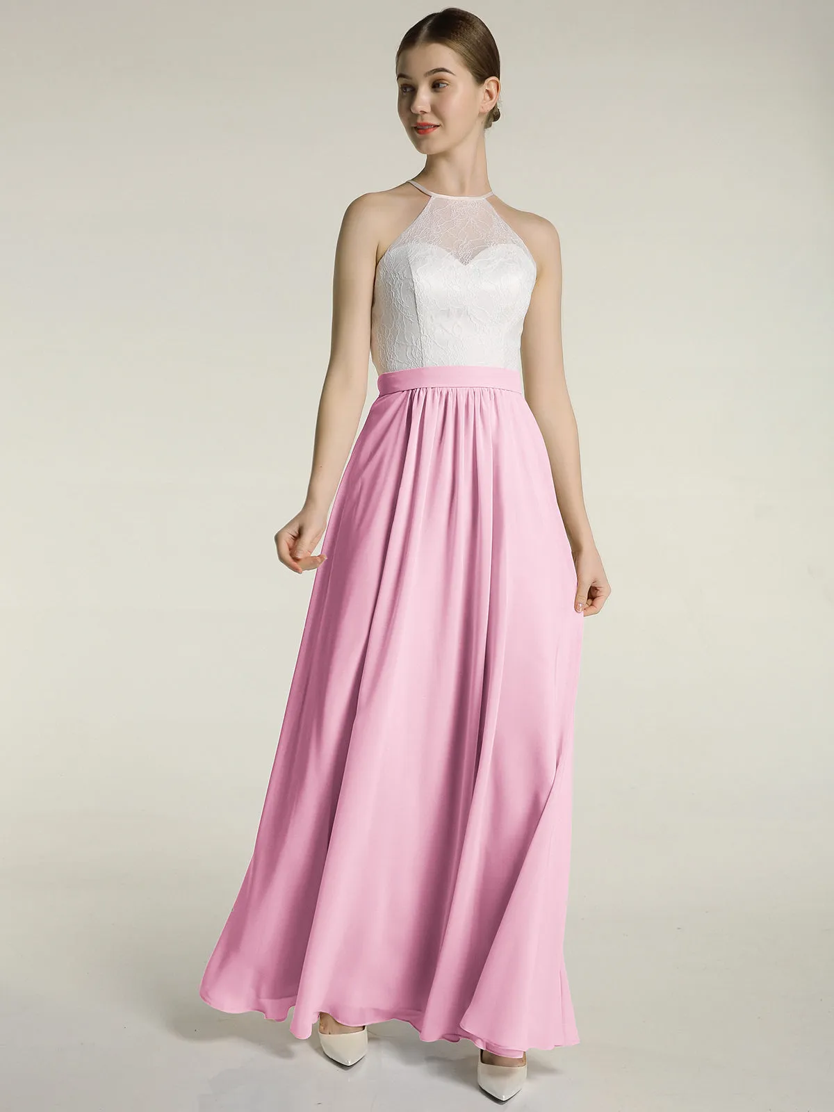 Chiffon Long Dresses with Ivory Lace Bodice-Candy Pink