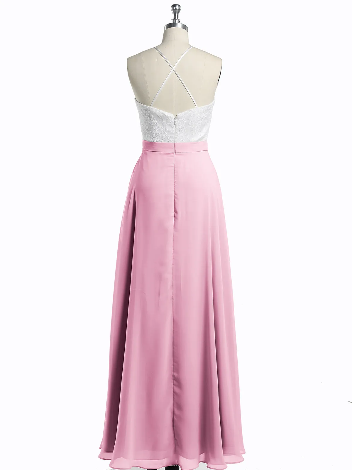 Chiffon Long Dresses with Ivory Lace Bodice-Candy Pink