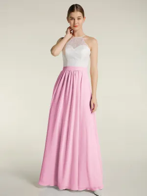 Chiffon Long Dresses with Ivory Lace Bodice-Candy Pink