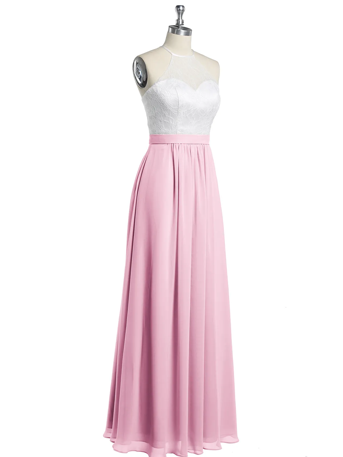 Chiffon Long Dresses with Ivory Lace Bodice-Candy Pink