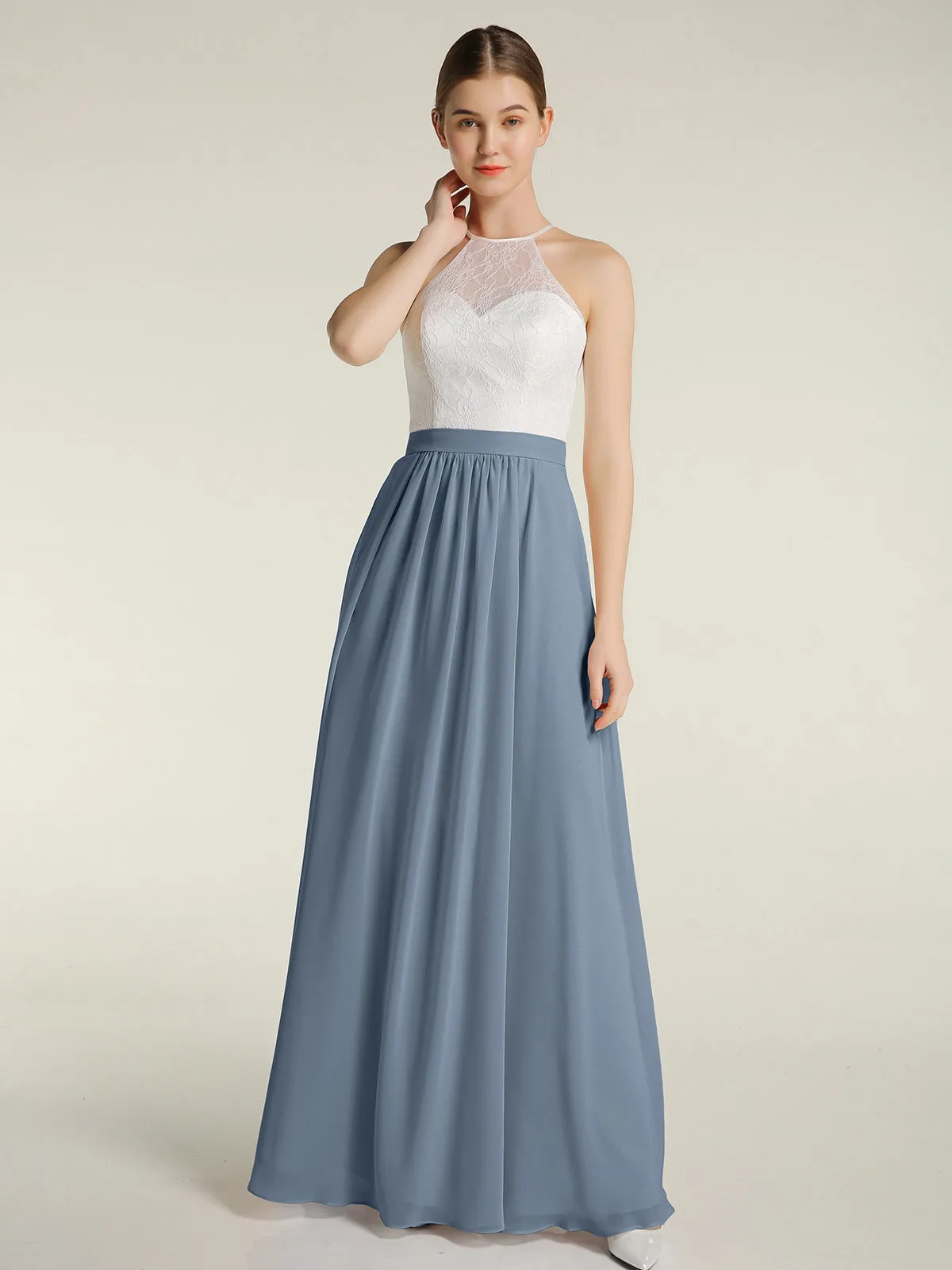 Chiffon Long Dresses with Ivory Lace Bodice-Dusty Blue Plus Size