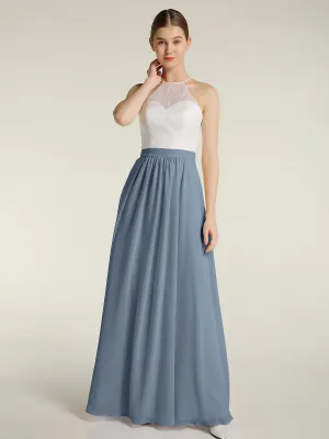 Chiffon Long Dresses with Ivory Lace Bodice-Dusty Blue Plus Size