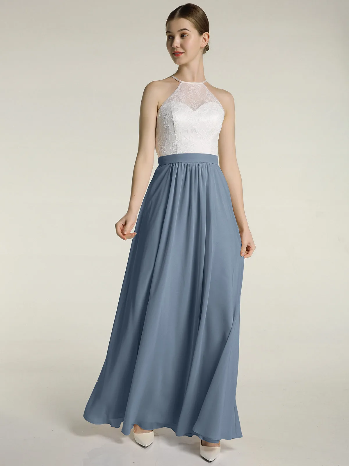 Chiffon Long Dresses with Ivory Lace Bodice-Dusty Blue Plus Size
