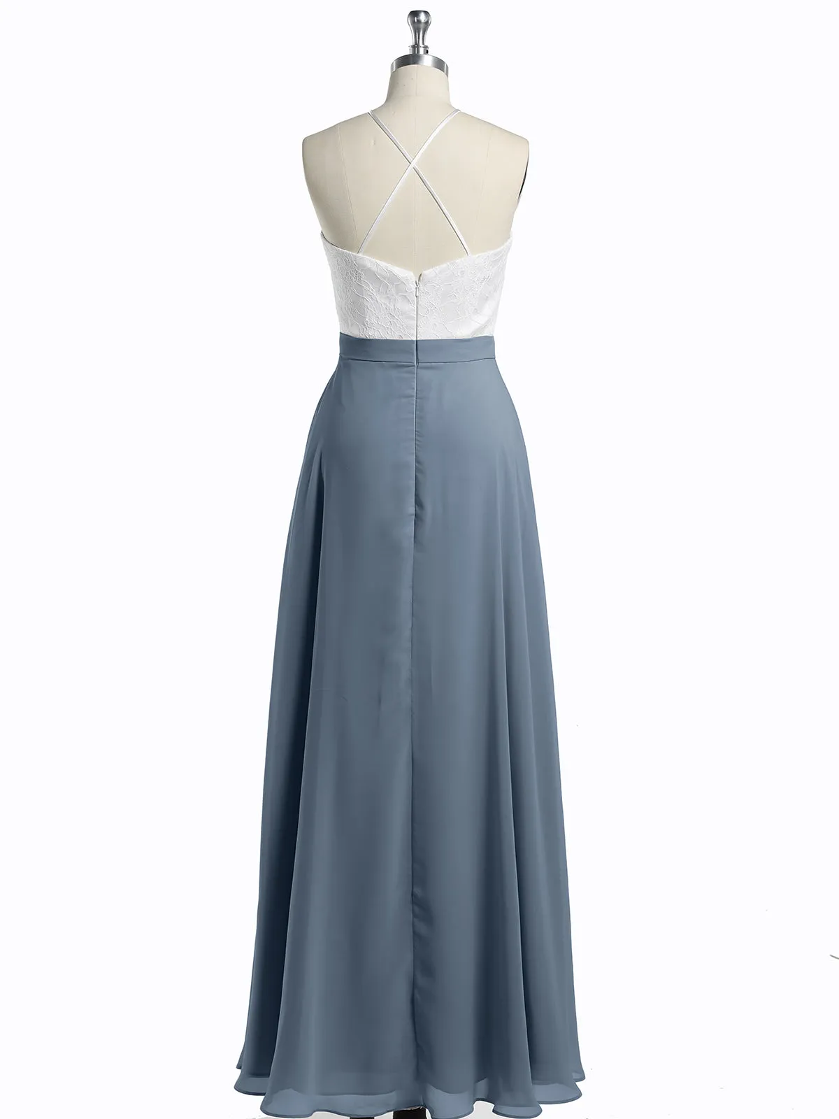 Chiffon Long Dresses with Ivory Lace Bodice-Dusty Blue Plus Size