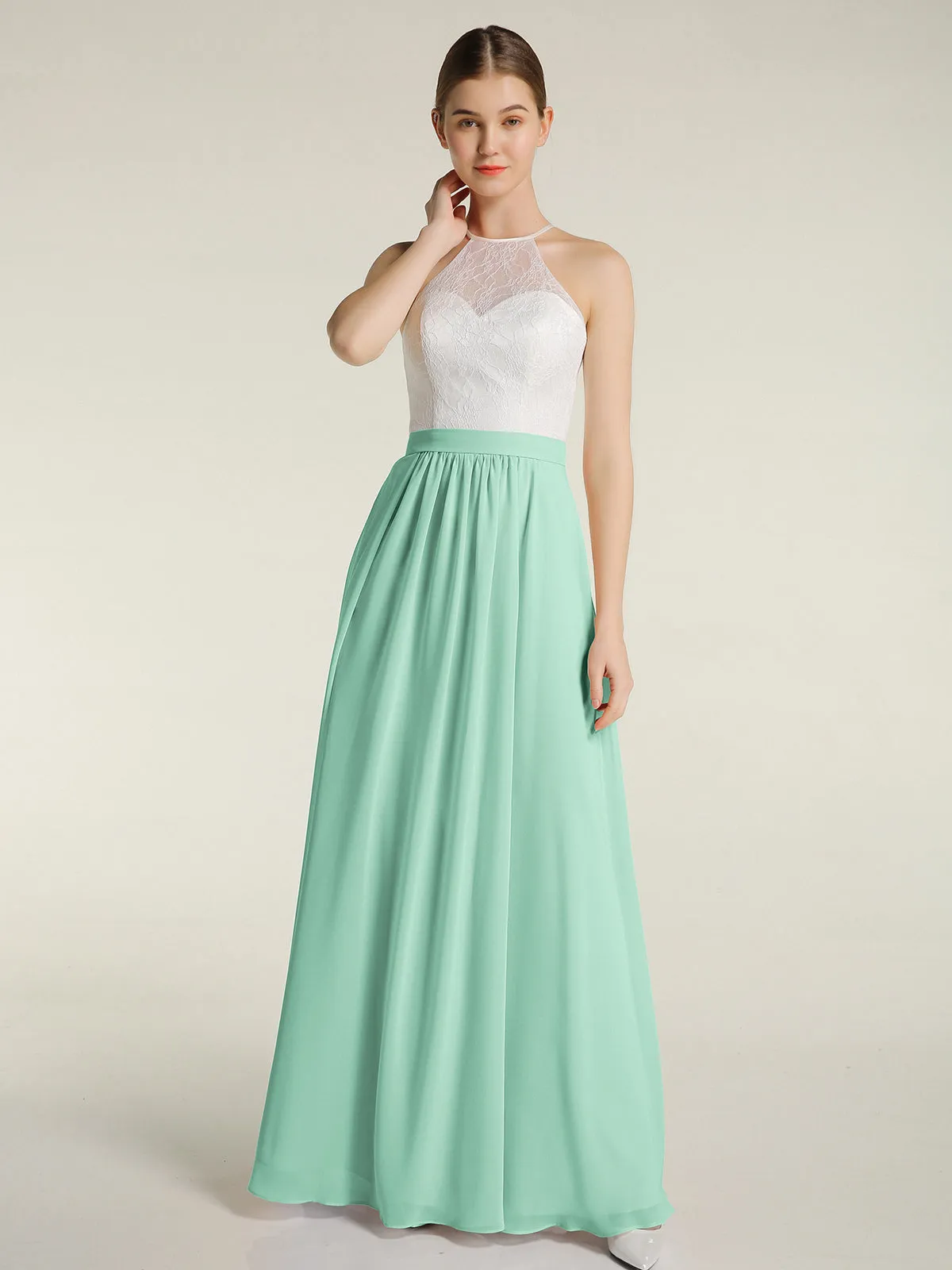 Chiffon Long Dresses with Ivory Lace Bodice-Mint Green Plus Size