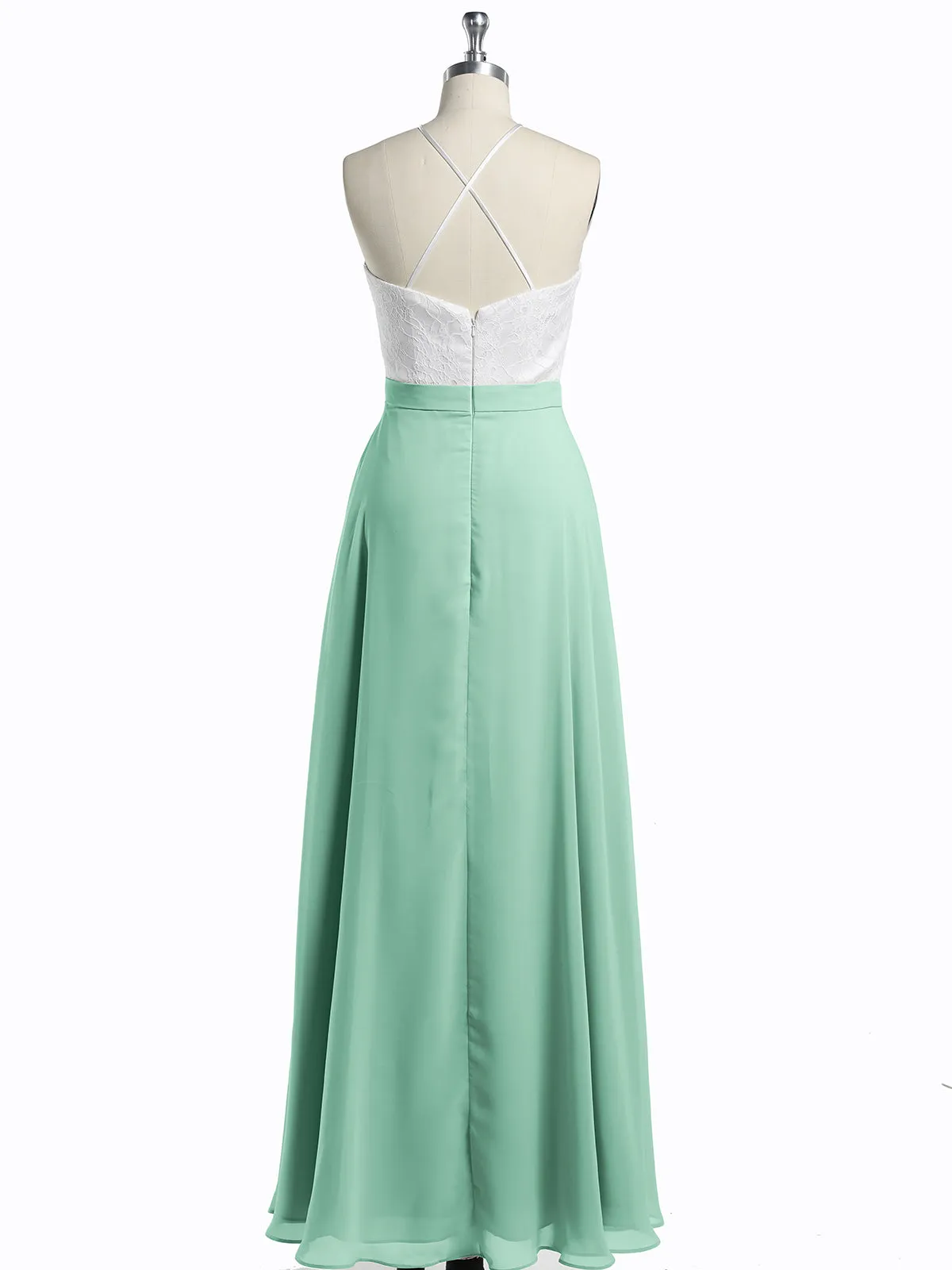 Chiffon Long Dresses with Ivory Lace Bodice-Mint Green Plus Size