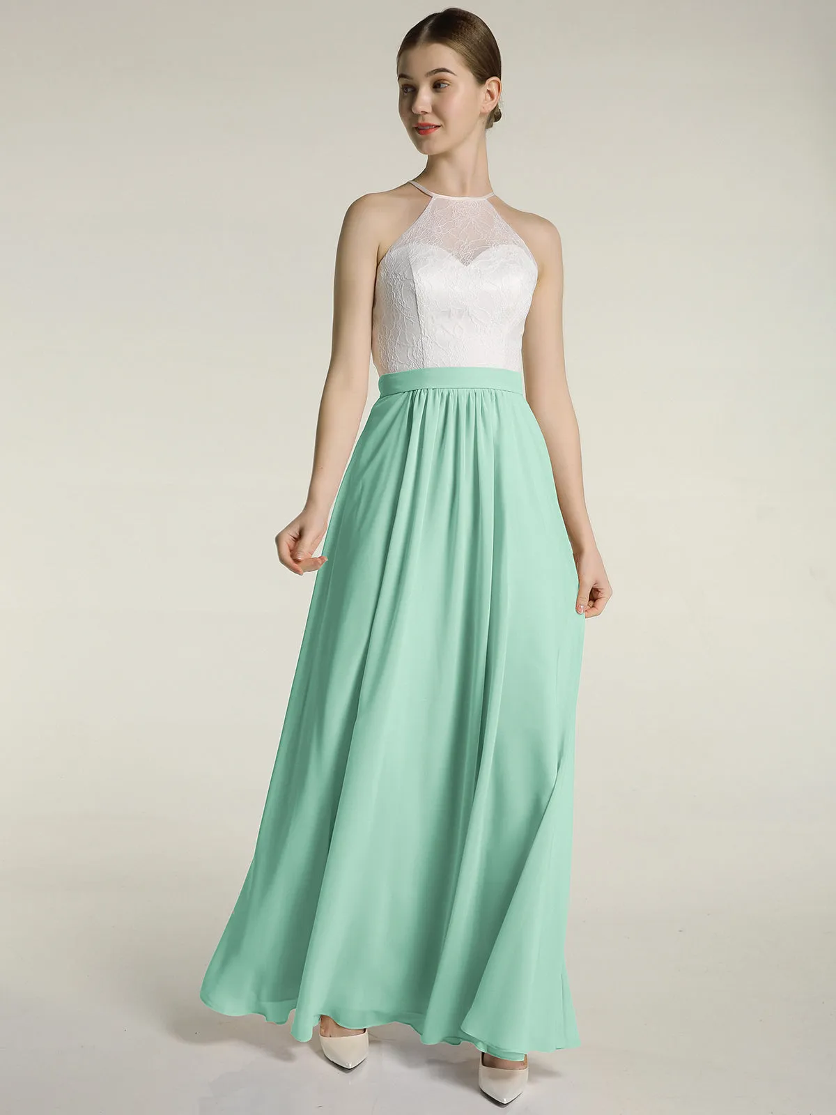 Chiffon Long Dresses with Ivory Lace Bodice-Mint Green Plus Size