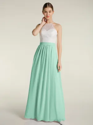 Chiffon Long Dresses with Ivory Lace Bodice-Mint Green Plus Size