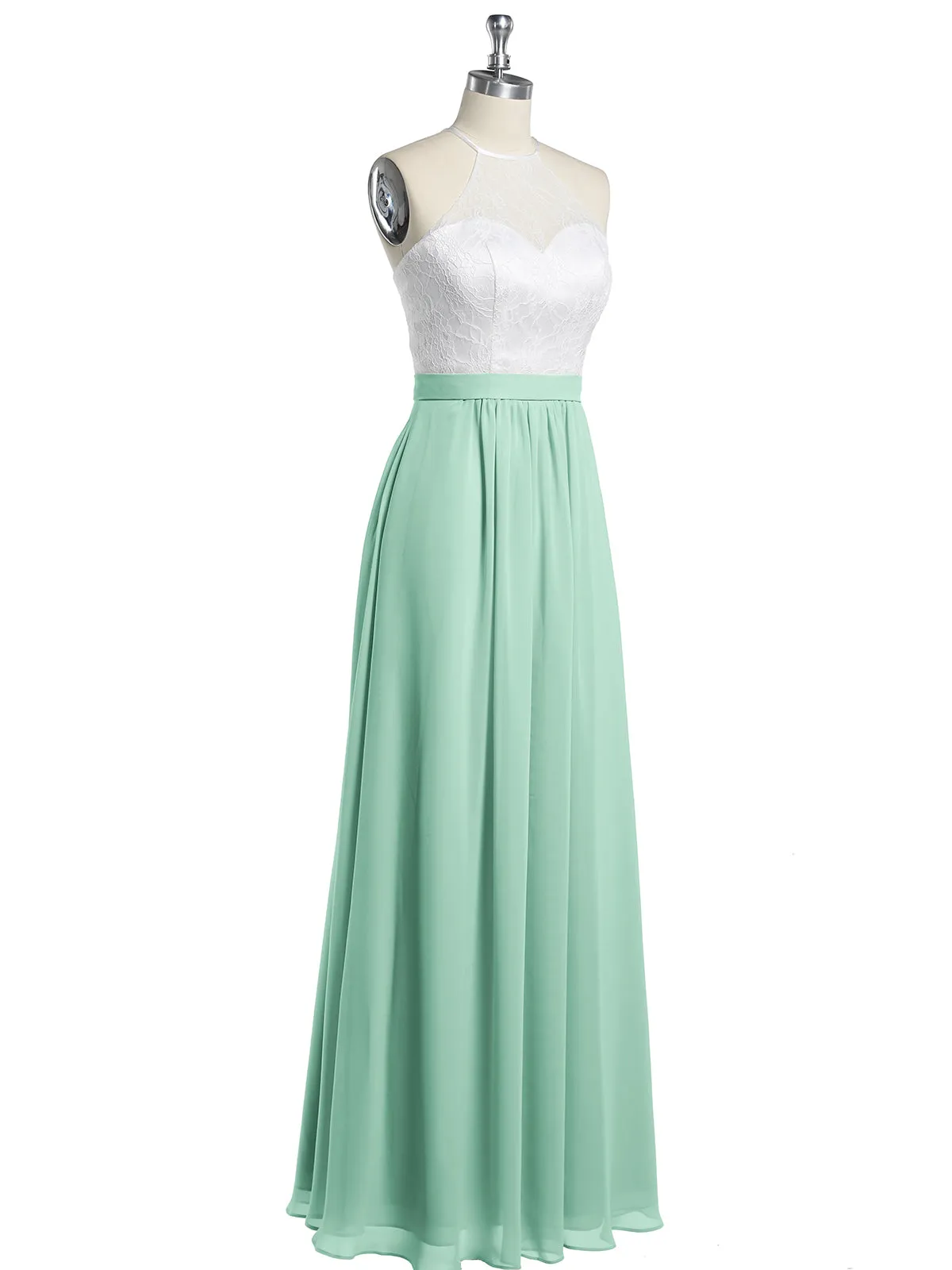 Chiffon Long Dresses with Ivory Lace Bodice-Mint Green Plus Size