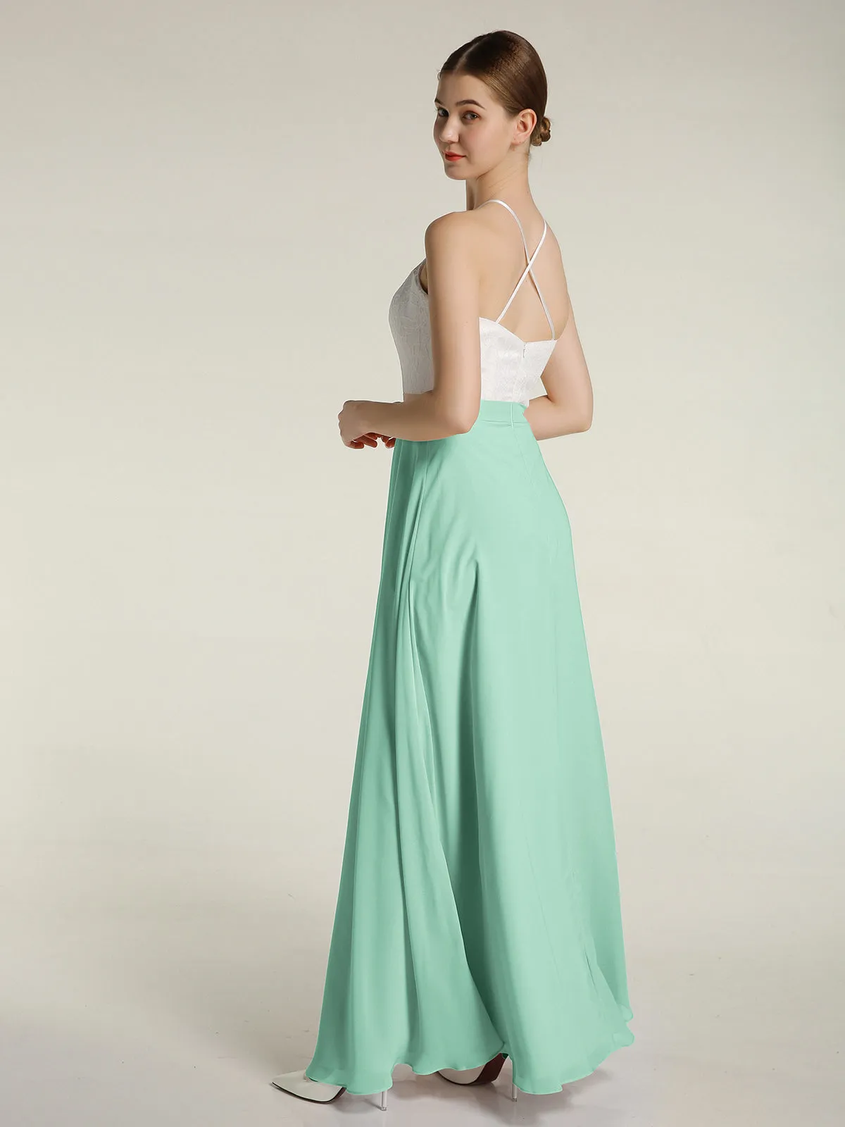Chiffon Long Dresses with Ivory Lace Bodice-Mint Green Plus Size