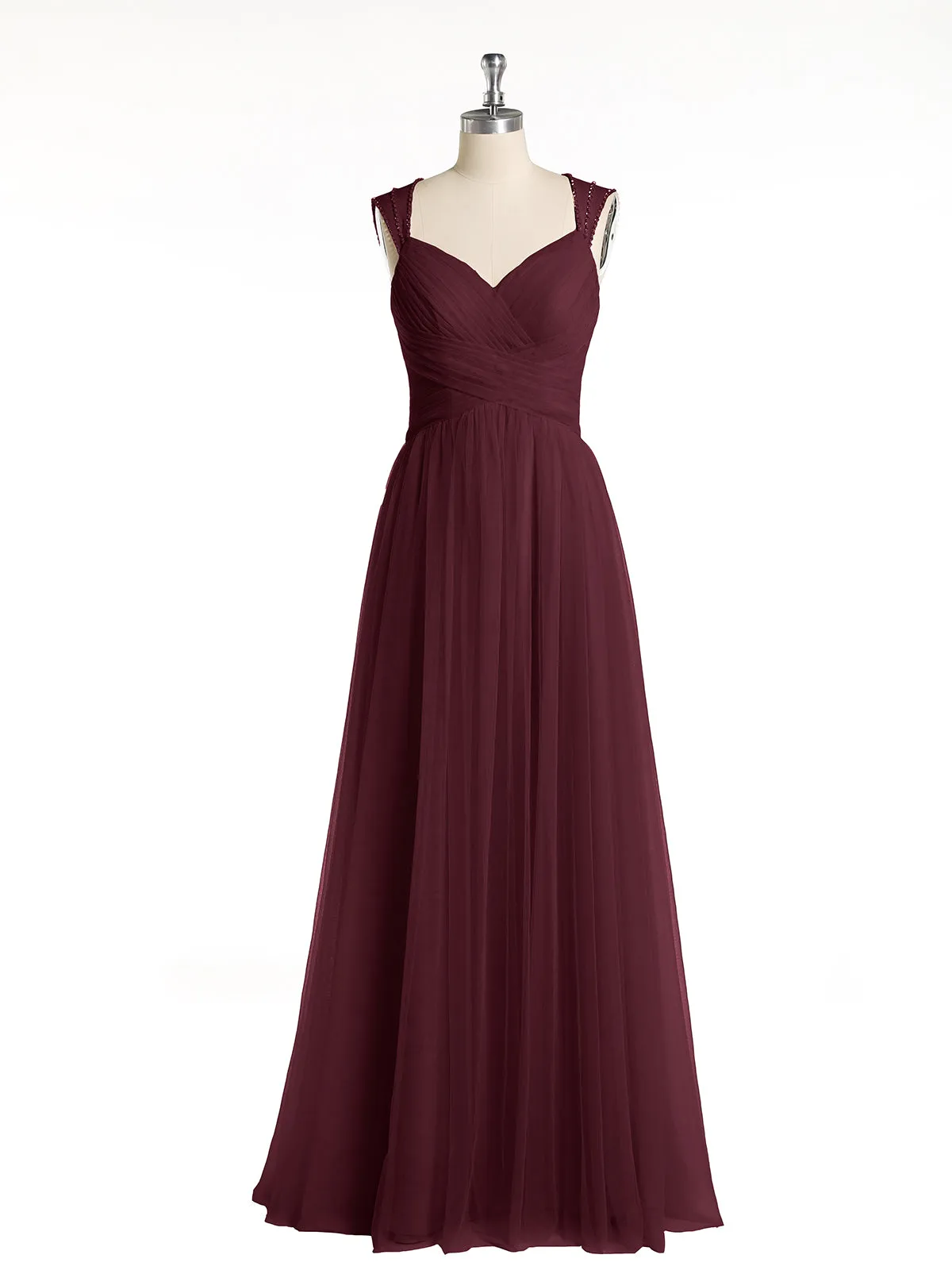 Cross-Pleated Tulle Long Dresses with Beaded Straps Cabernet Plus Size