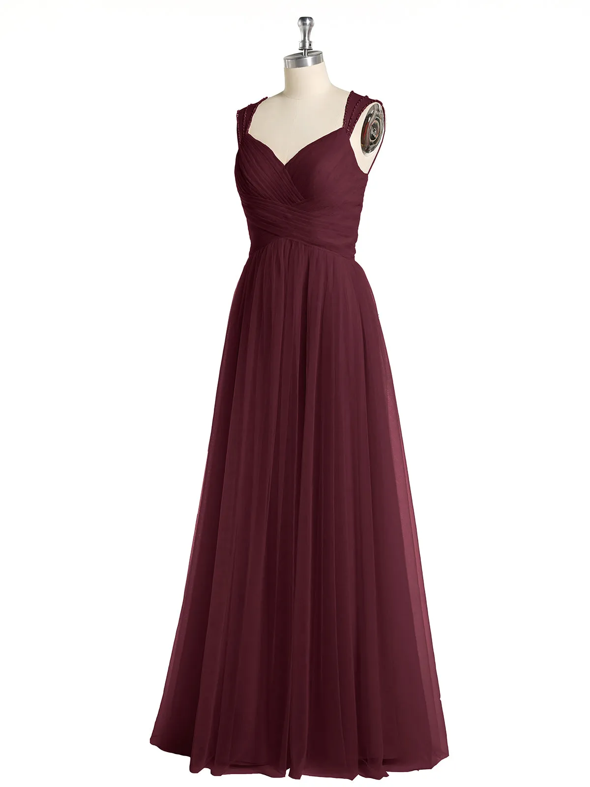 Cross-Pleated Tulle Long Dresses with Beaded Straps Cabernet Plus Size