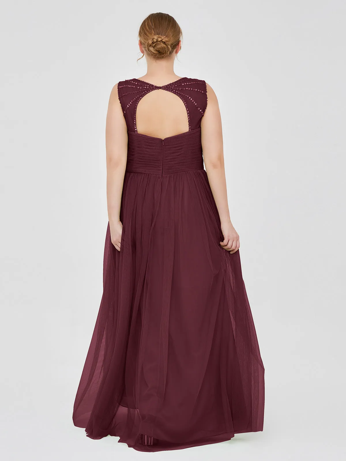 Cross-Pleated Tulle Long Dresses with Beaded Straps Cabernet Plus Size