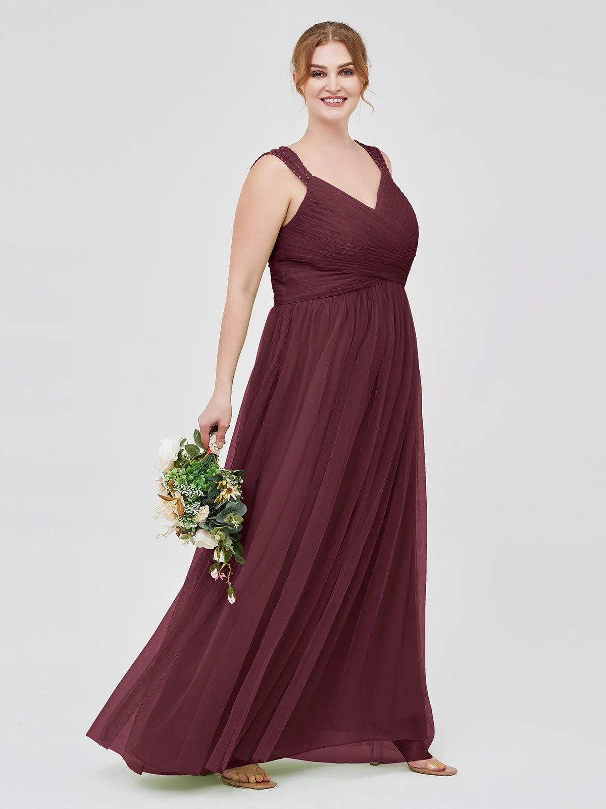 Cross-Pleated Tulle Long Dresses with Beaded Straps Cabernet Plus Size