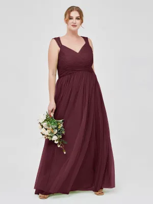 Cross-Pleated Tulle Long Dresses with Beaded Straps Cabernet Plus Size