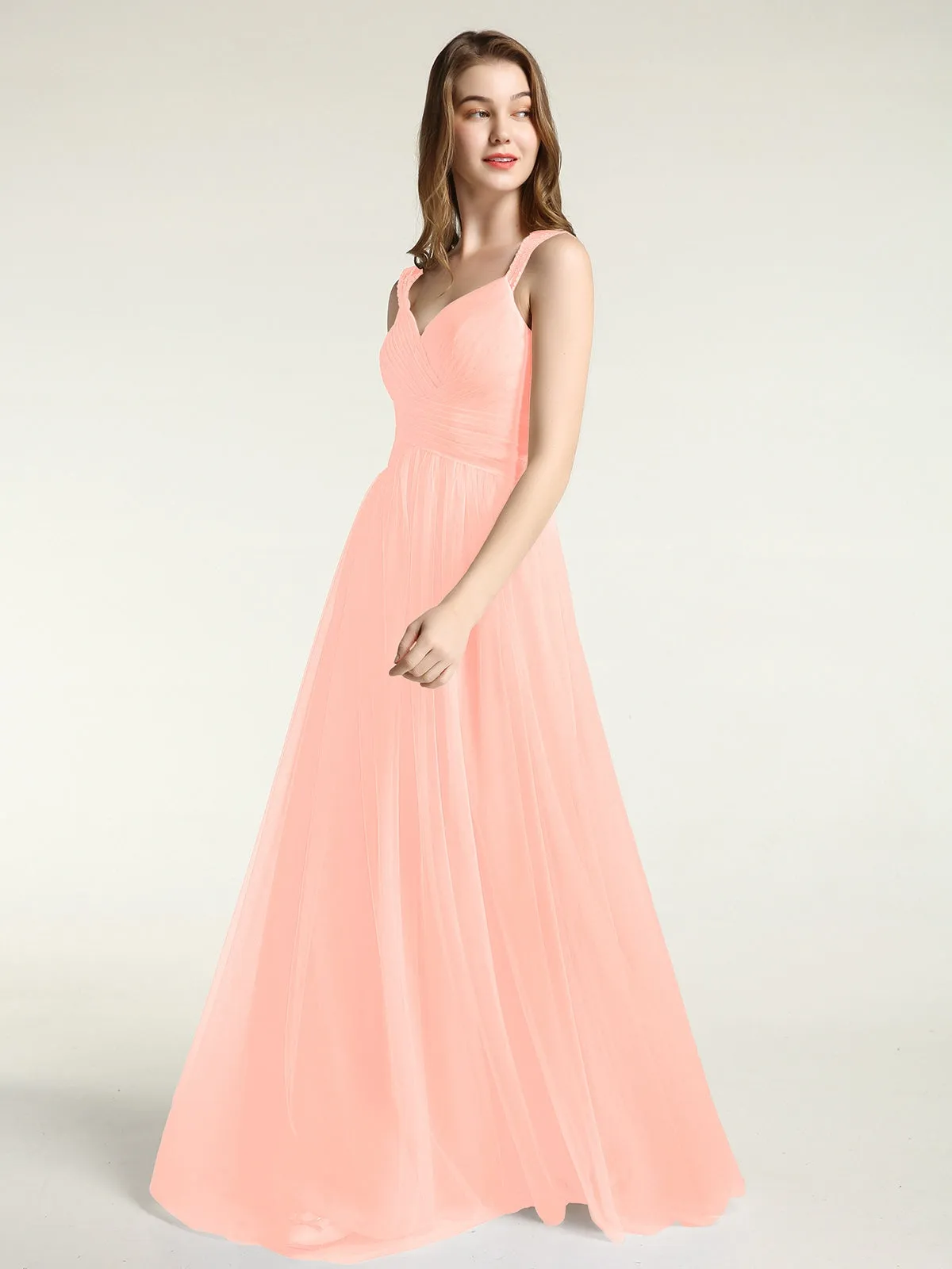 Cross-Pleated Tulle Long Dresses with Beaded Straps Coral