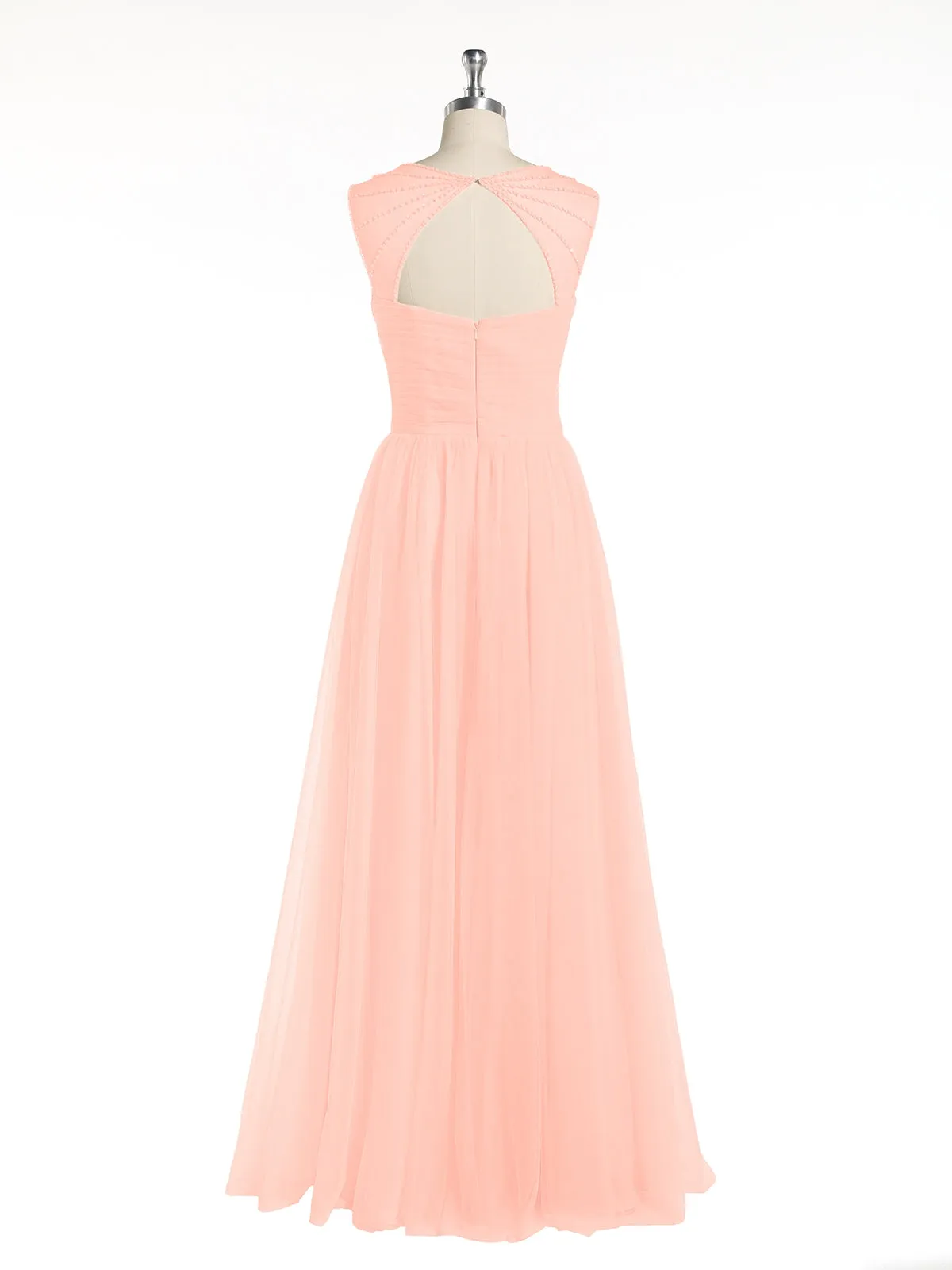 Cross-Pleated Tulle Long Dresses with Beaded Straps Coral