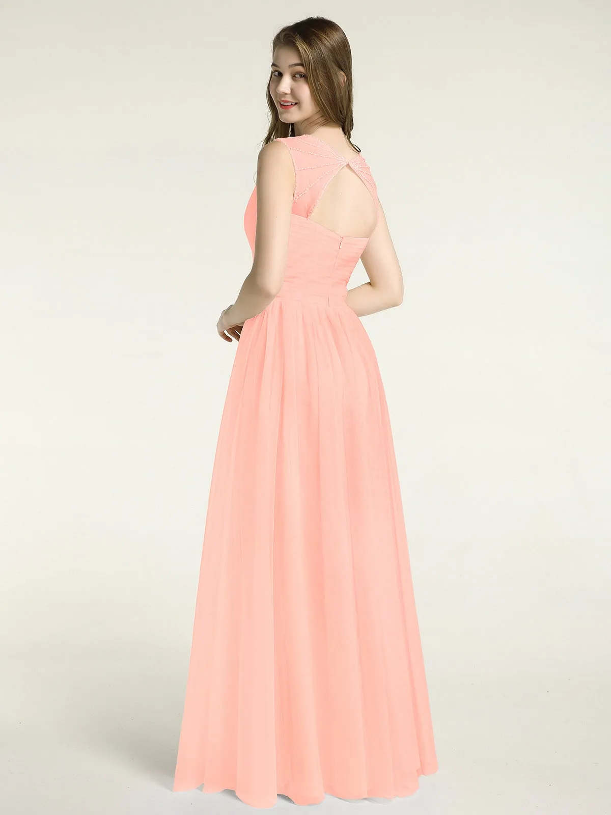 Cross-Pleated Tulle Long Dresses with Beaded Straps Coral