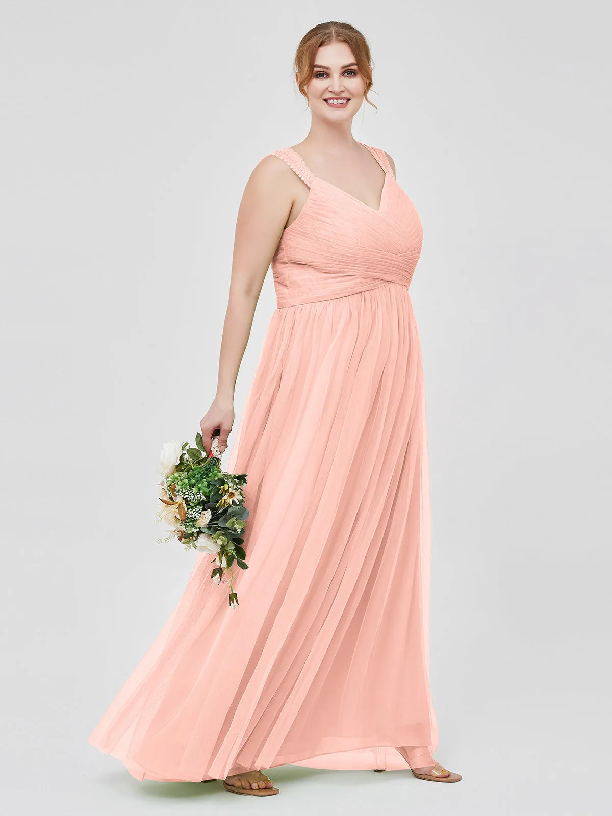 Cross-Pleated Tulle Long Dresses with Beaded Straps Coral