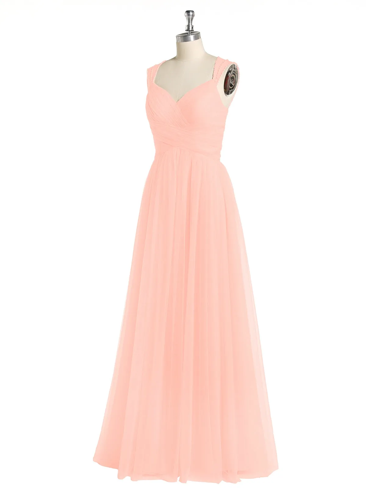 Cross-Pleated Tulle Long Dresses with Beaded Straps Coral