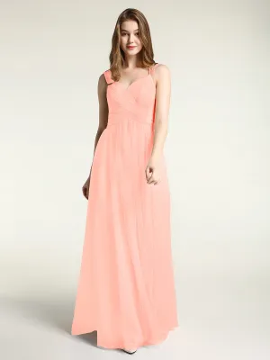 Cross-Pleated Tulle Long Dresses with Beaded Straps Coral