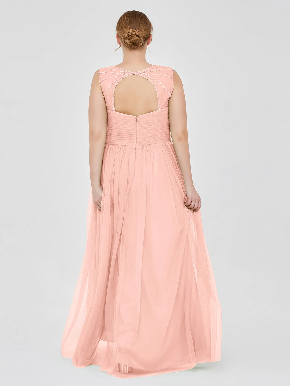 Cross-Pleated Tulle Long Dresses with Beaded Straps Coral