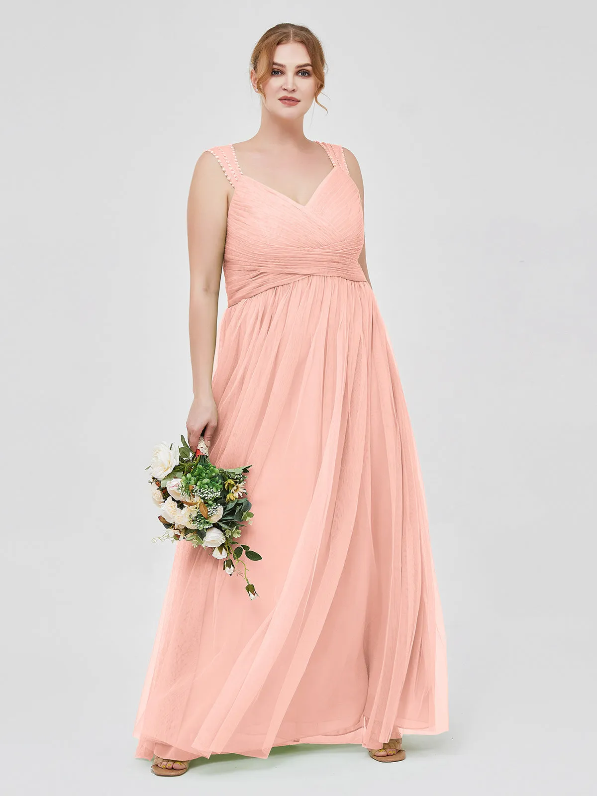 Cross-Pleated Tulle Long Dresses with Beaded Straps Coral