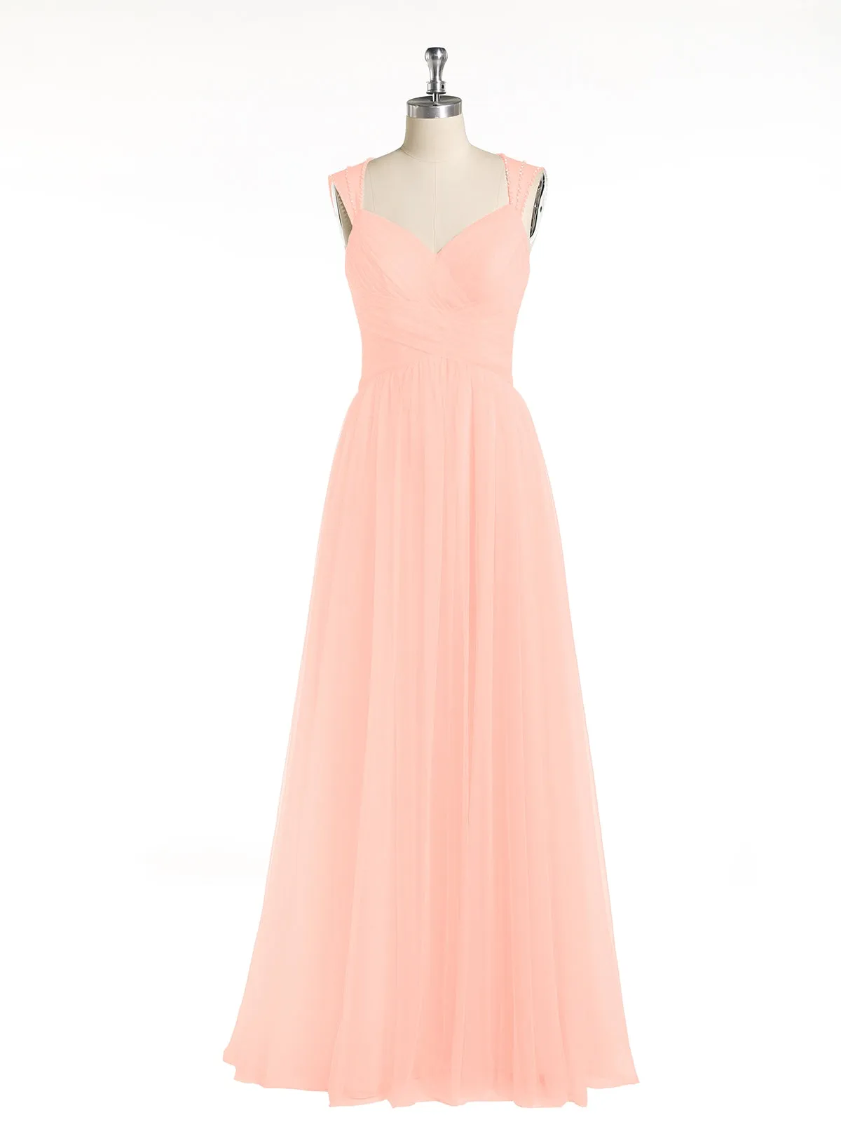 Cross-Pleated Tulle Long Dresses with Beaded Straps Coral