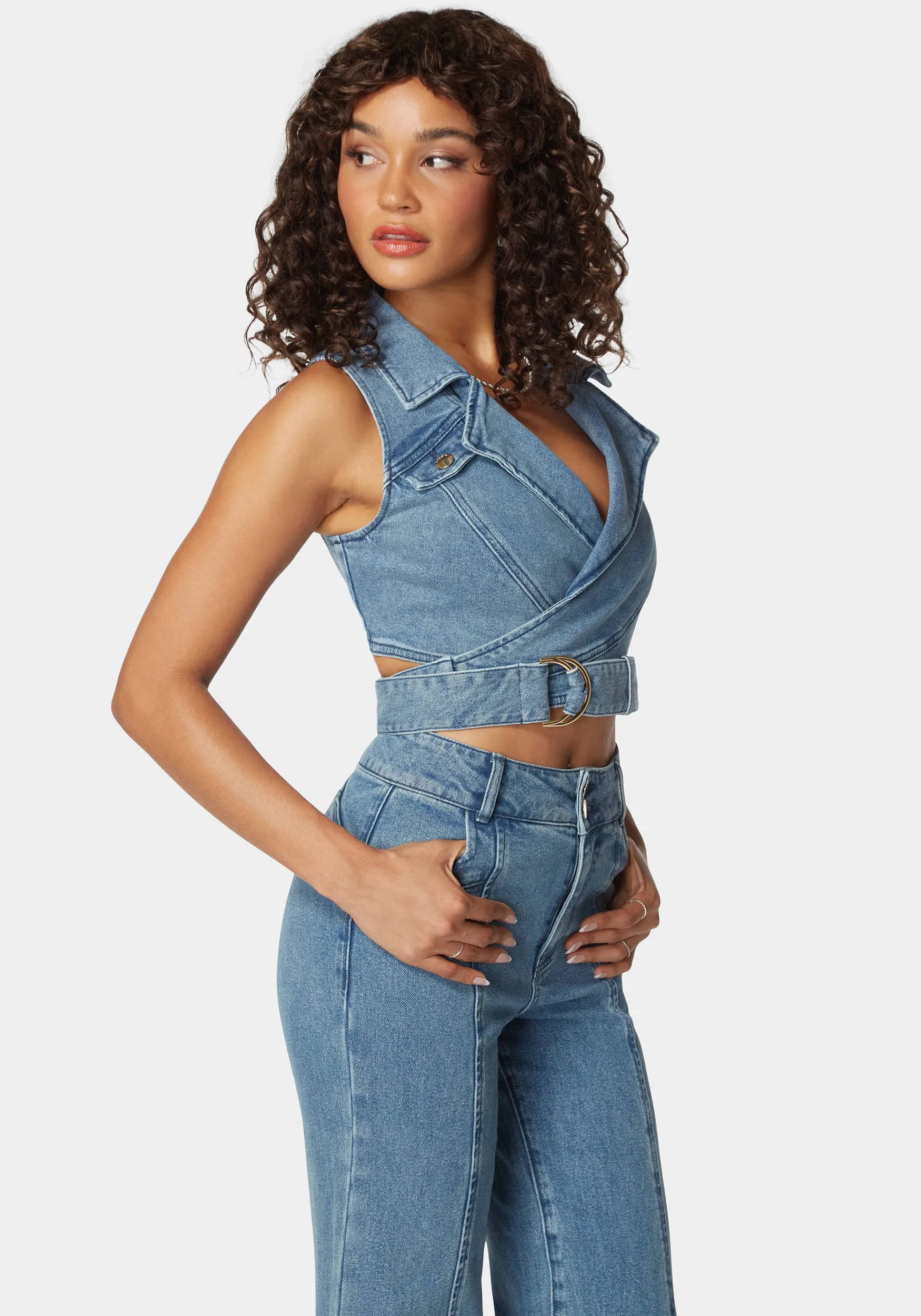 D Ring Belt Denim Wrap Top