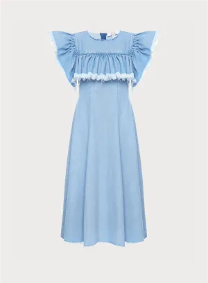 Denim Maxi Dress with Ruffles