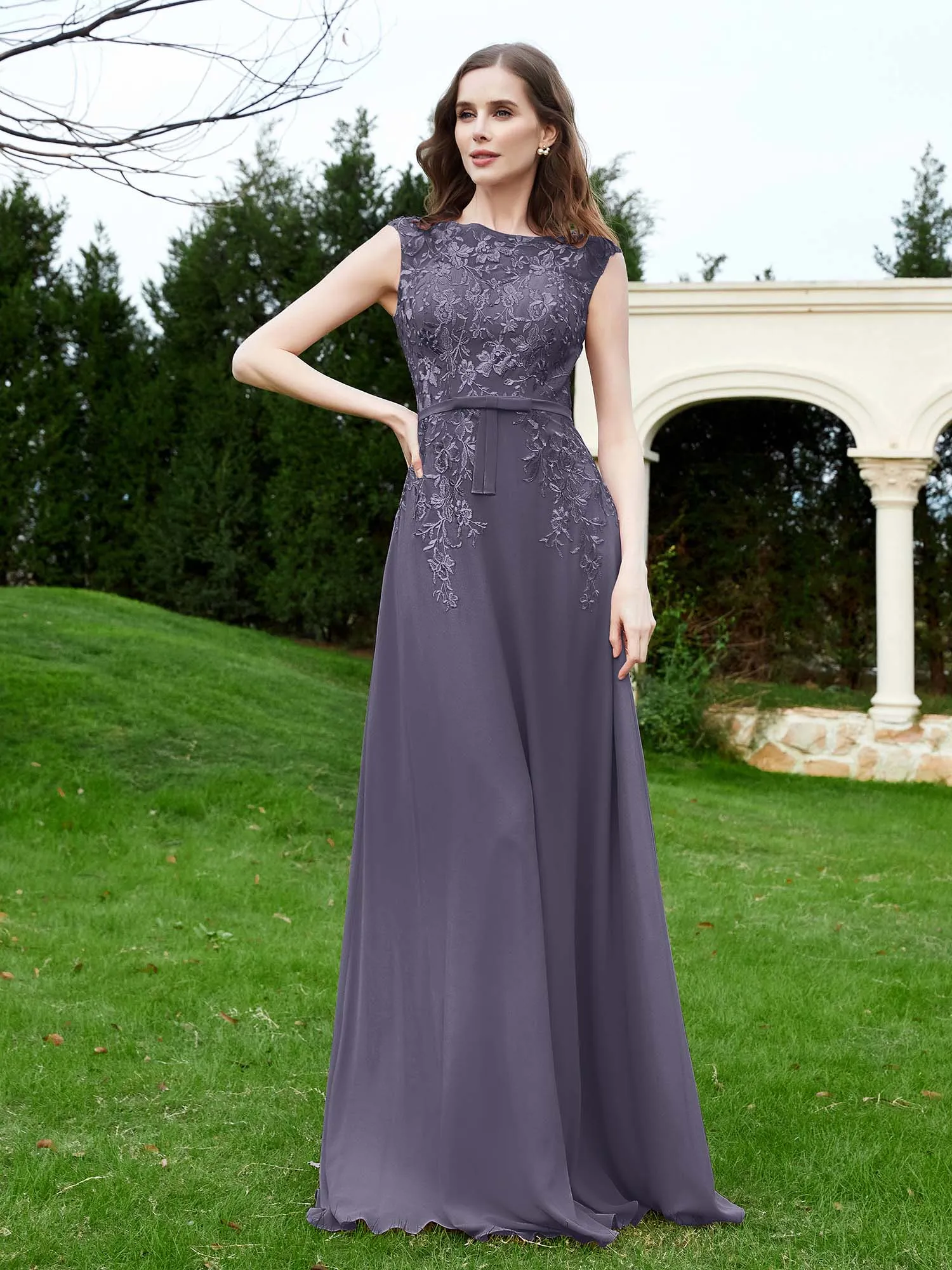 Elegant Illusion Lace Appliqued Dress With Buttons Stormy