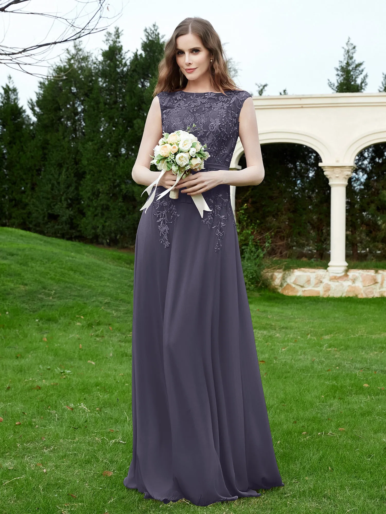 Elegant Illusion Lace Appliqued Dress With Buttons Stormy