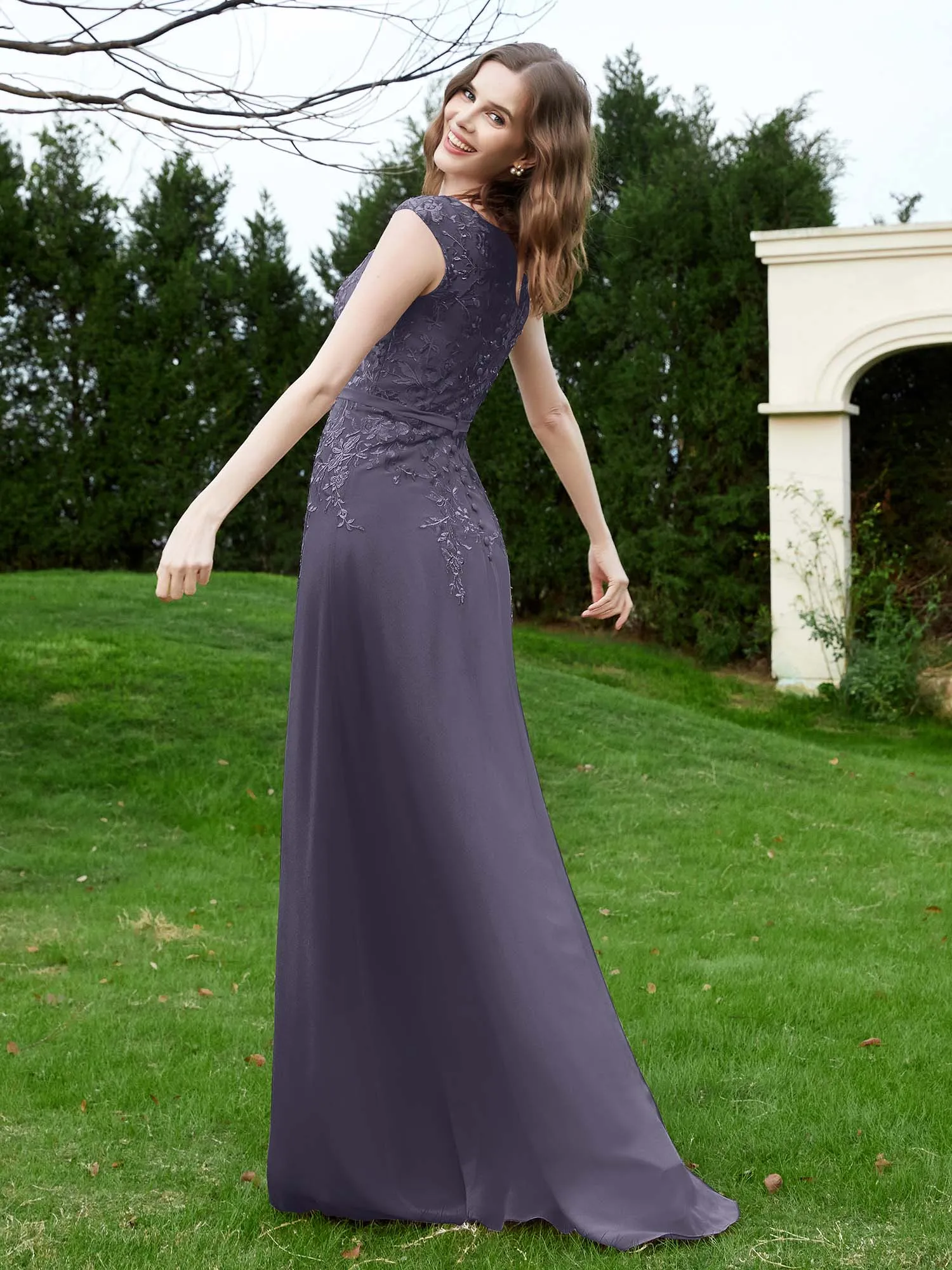 Elegant Illusion Lace Appliqued Dress With Buttons Stormy