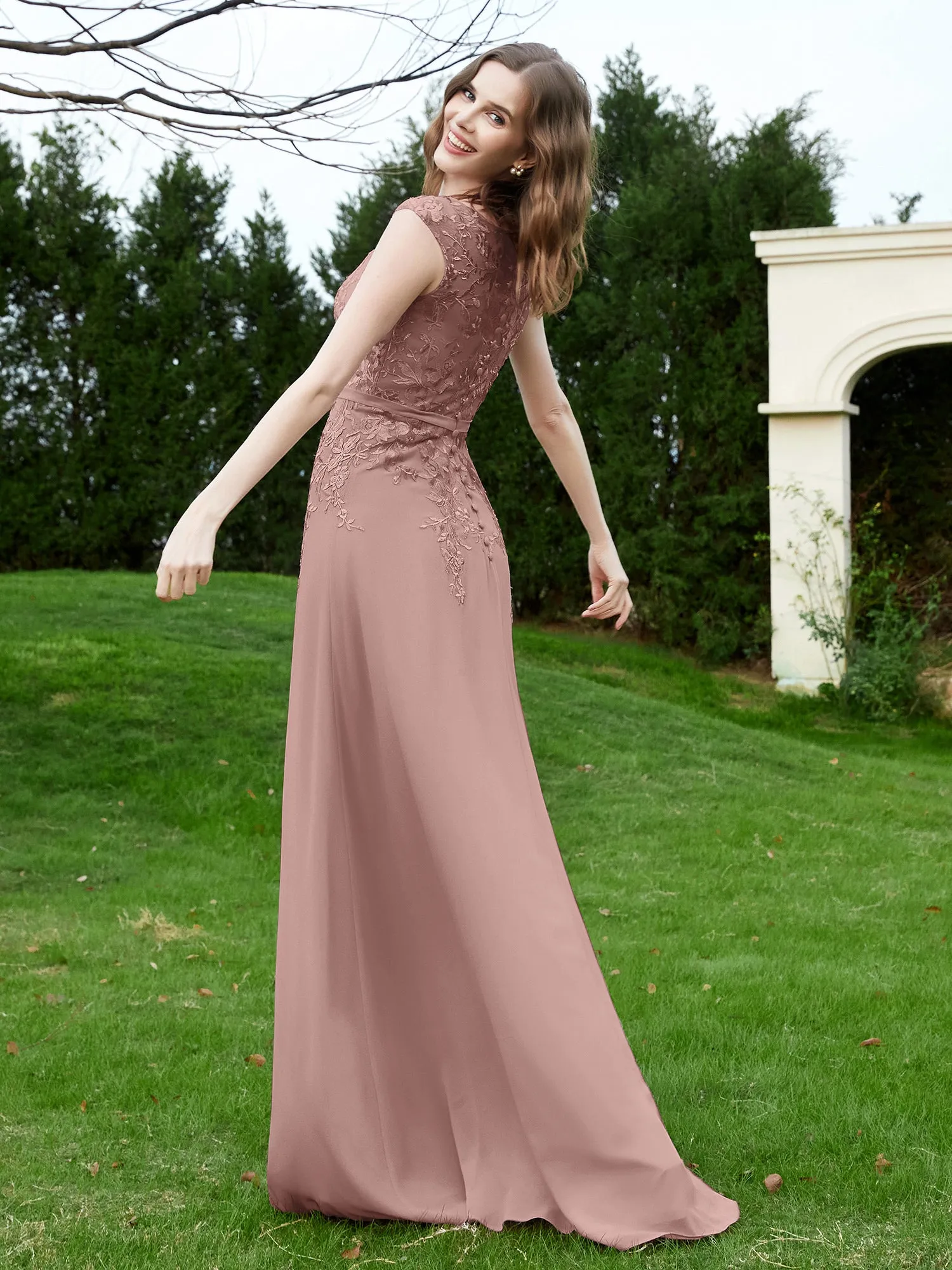 Elegant Illusion Lace Appliqued Dress With Buttons Vintage Mauve