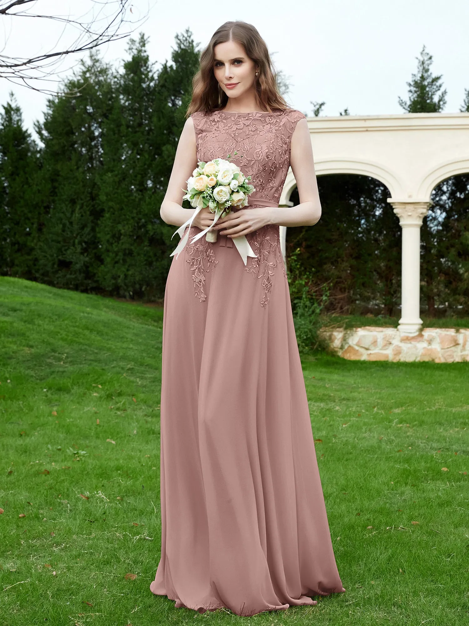 Elegant Illusion Lace Appliqued Dress With Buttons Vintage Mauve