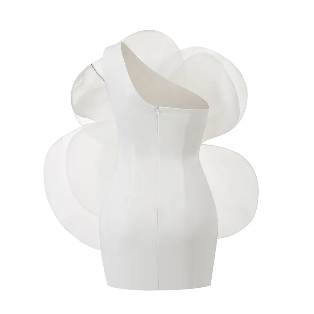 Elegant Oversized Rosette Embellished One Shoulder Crepe Bodycon Mini Party Dress