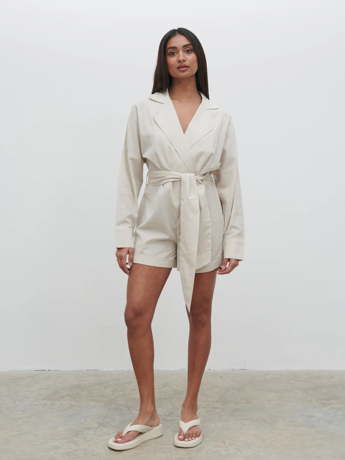 Emilie Belted Playsuit - Oatmeal