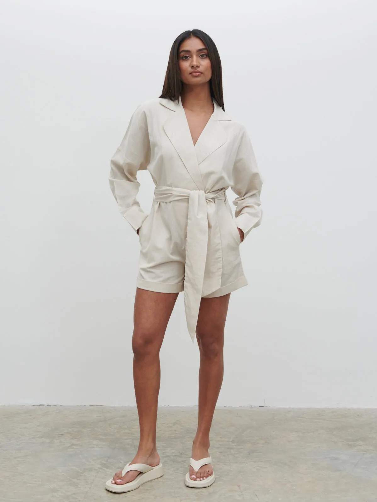 Emilie Belted Playsuit - Oatmeal
