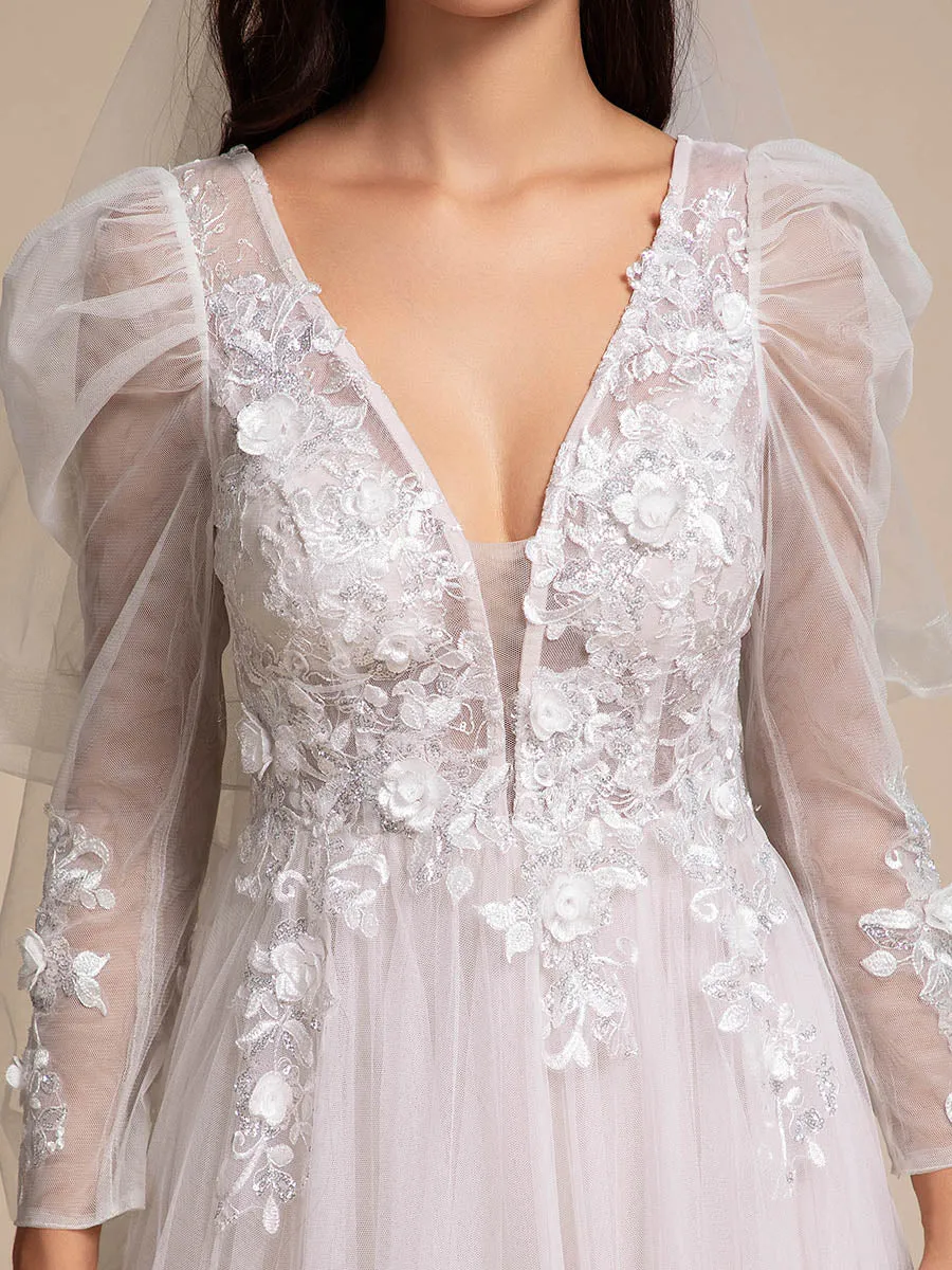 Exquisite V Neck Backless Long Sleeves Tulle Wedding Dresses with Applique Decoration
