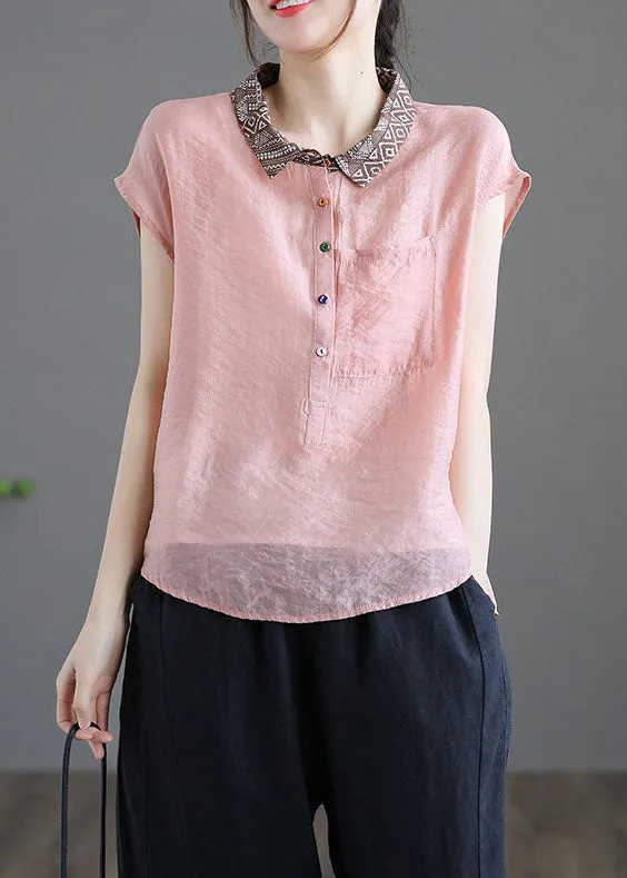 Fitted Light Blue Peter Pan Collar Pockets Patchwork Linen Blouse Tops Summer LY6253