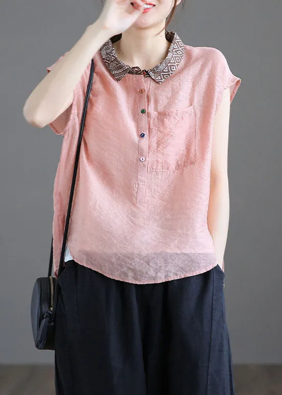Fitted Light Blue Peter Pan Collar Pockets Patchwork Linen Blouse Tops Summer LY6253