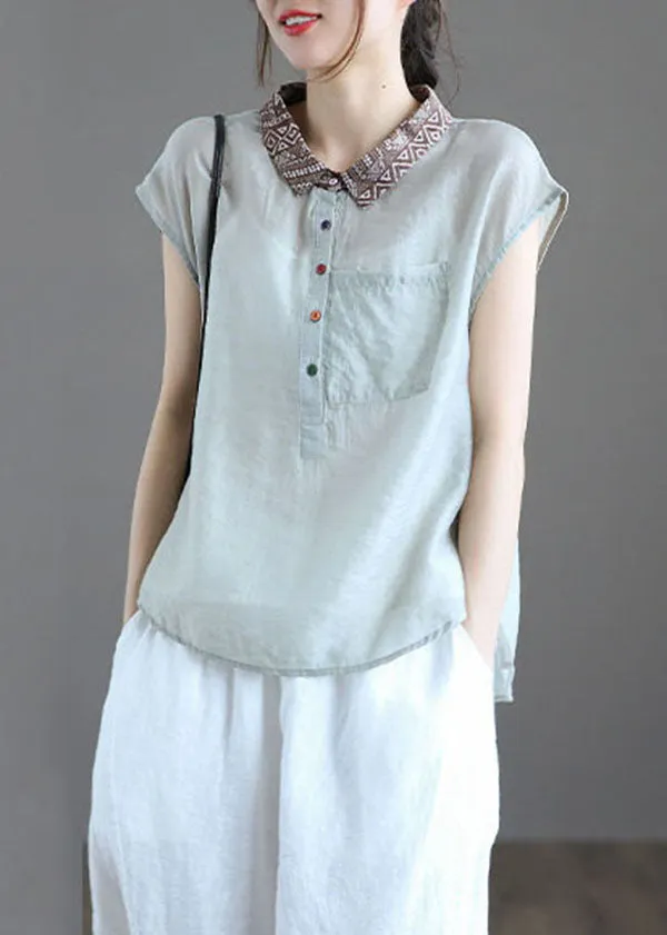 Fitted Light Blue Peter Pan Collar Pockets Patchwork Linen Blouse Tops Summer LY6253