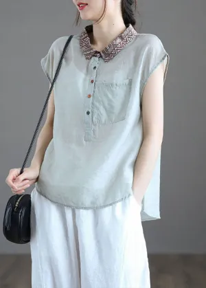 Fitted Light Blue Peter Pan Collar Pockets Patchwork Linen Blouse Tops Summer LY6253